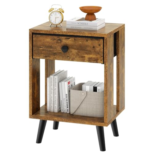 YMYNY Nightstand with Fabric Drawers and Open Shelf Unit, Solid Wood Legs, Bedside Table, Cabinet, 15.4" x 11.6" x 23.4", Storage Unit for Bedroom, Small Space, Rustic Brown HST012H
