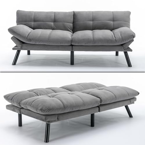 71" Velvet Futon Couch Bed with Mattress Included,Convertible Folding Sleeper Sofa Bed with Adjustable Backrests,Modern Loveseat Sleeper for Living Room Bedroom Small Space Home Office (Black)