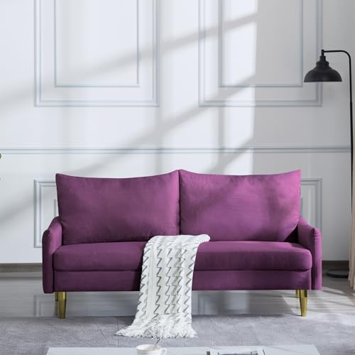 62” Modern Design Loveseat, Fabric Upholstered Sofa Couch with Golden Chrome Legs, Sleeper Bed Couches for Bedroom, Apartment, Office, Dorm, Small Space (Purple)