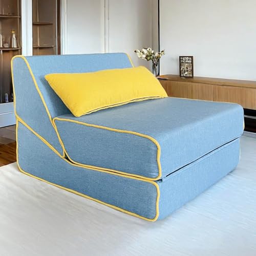 Modern 3 in 1 Convertible Sofa Bed, Foldable Lazy Sofa Chair, Foldable Sofa Chair with Memory Foam for Small Space, Floor Futon Couch for Home Office, Apartment, Dorm, Loft, (Blue)