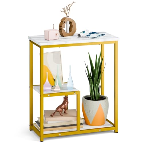 Light Luxury Style End Table with 3-Tier with Plant Shelf, Rectangle Narrow Side Table for Small Spaces, Metal Frame Sofa Side Table Bedside Table Nightstand for Bedroom Platinum