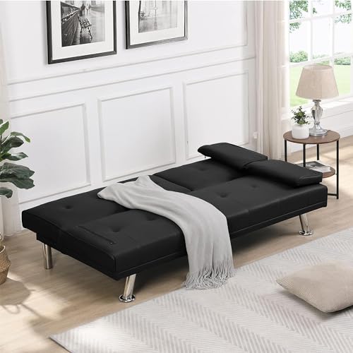 Convertible Folding Futon Sofa Bed with Metal Legs & 2 Cupholders, Modern Faux Leather Upholstered Couch Loveseat Sleeper, Couches Bed, Removable Armrests for Small Spaces (Black)