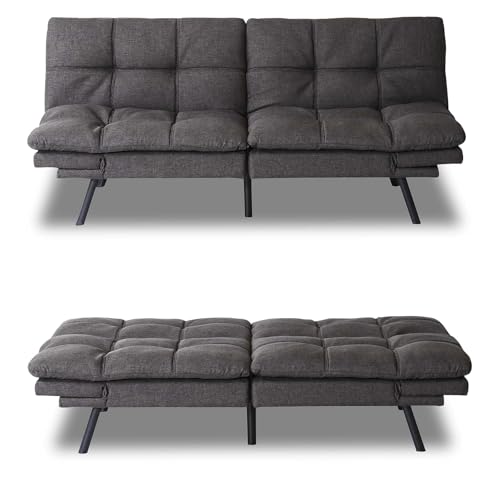Futon Sofa Bed with Adjustable Backrest Armrests Memory Foam Dorm Couch, Modern Fabric Convertible Sofa Couch Bed Loveseat for Living Room, Office, Apartment (Grey)