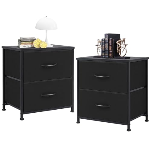2 Drawer Nightstand, Small Dresser with Fabric Storage Bins, Versatile Bedside Table for Bedroom, Living Room, Dorm, or Entryway, Compact End Table with Sturdy Wood Top, Black