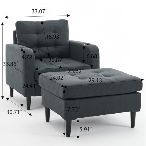 Cotton and Linen Futon Sofa Bed with Storage Ottoman, Cloud Couch with Cup Holders and Side Pocket for Apartments, Small Places, Bedrooms, Living Rooms