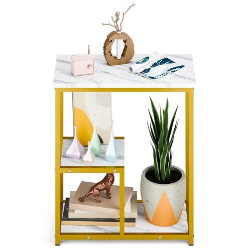 3 Tier End Table with Storage,Small Storage Side Table with 3-Tier Shelves,Narrow Side Table,Slim Bedside Table,Rectangle Sofa Side Table for Small Spaces Living Room,Easy Assembly Platinum
