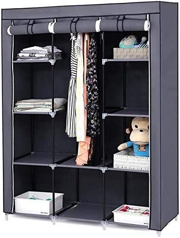 Portable Closet Storage Organizer Non-Woven Fabric Wardrobe with 10 Shelves and A Hanging Rod, Zippered Dustproof Cover, Quick and Easy to Assemble, 50" W x 17.8" D x 67" H Gray