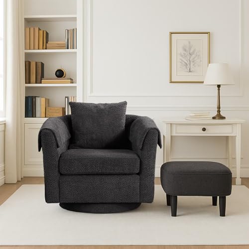 FLEXISPOT 42" W Oversized Swivel Barrel Chair with Storage Ottoman, Modern Upholstered Accent Chair, Comfy Round Swivel Reading Sofa for Living Room or Bedroom (Green)