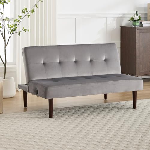 Coffee Futon Sofa Bed with Adjustable Backrest Loveseat, Flannelette Couch with Charging Port No Armrest Design for Small Spaces, Living Room, Apartment Or Office (Coffee)