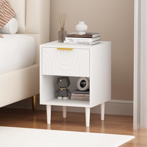 22.83'' Modern White Nightstand with Gold-Accented Handle – 1 Drawer & Open Shelf, Minimalist Bedroom Furniture, Durable MDF Construction, Easy Assembly, Ideal for All Bed Sizes