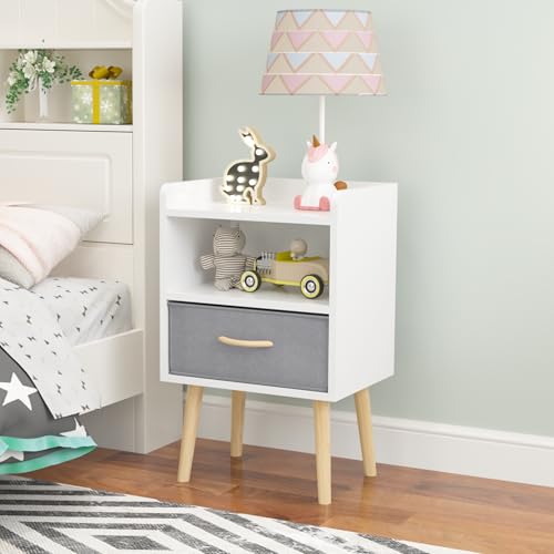 Nightstand with Collapsible Fabric Drawer, 2-Tier Storage End Table, Wood Side Table with Storage Cabinet for Kids and Adults, White