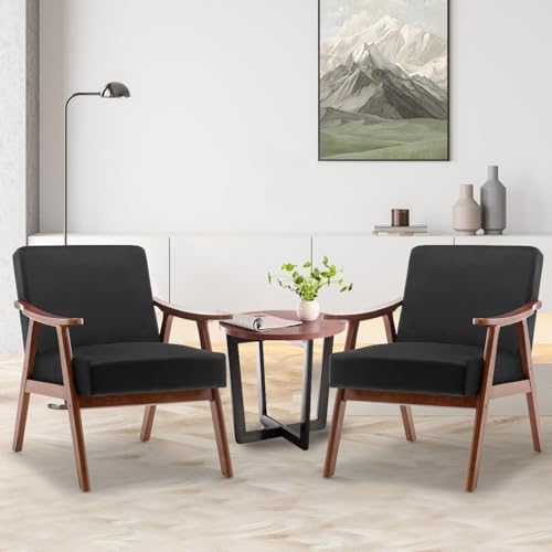 Mid-Century Modern Chair, Living Room Chair with Solid Wood Frame, Upholstered Lounge Armchair, Reading Room, Living Room, Lounge Chair Indoor (Black)