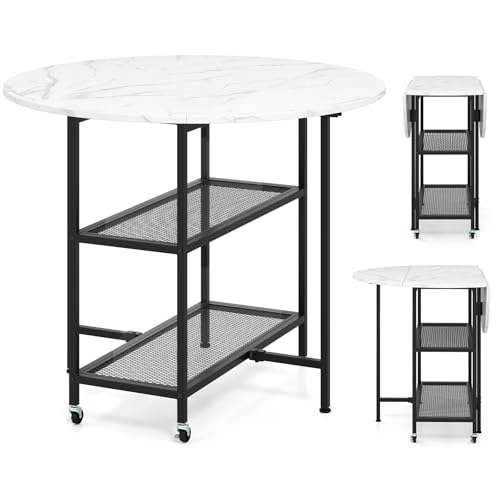 GOFLAME Folding Dining Table, Mobile Round Extendable Kitchen Table with 2-Tier Storage Shelves, 2 Lockable Wheels, Space Saving Collapsible Drop Leaf Dinner Table for Dining Room, Small Space, White