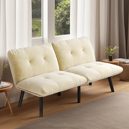 Convertible Futon Sofas,Sofa Bed Velvet Futon Couch with Adjustable Backrest, Modern Loveseat Couch for Living Room and Bedroom (Brown)