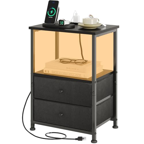CAIYUN Nightstand with Charging Station, 20 Colors LED Night Stand with 2 Fabric Drawers and Storage Shelf, End Table with USB Ports and Outlets, Bedside Tables Small Dresser for Small Space, Black