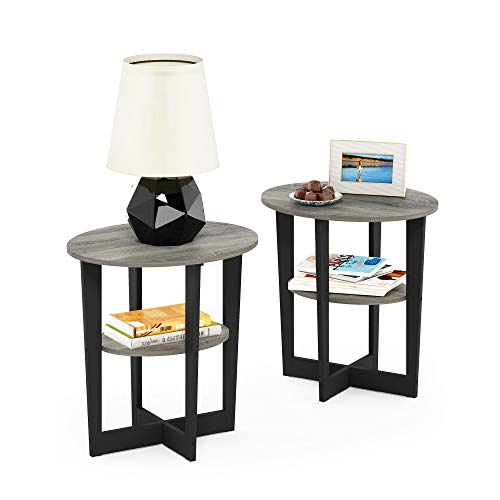 Furinno JAYA Oval End Side Night Stand/Bedside Table, 2-Pack, French Oak Grey/Black