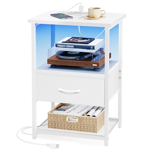 Fixwal Night Stand with Charging Station, LED Nightstand Side Table with Fabric Drawers PU Finish, End Tables Bedroom, Bedside Table, Black