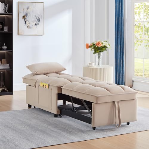 4 in1 Multi-Function Single Sofa Bed with Storage Pockets,Tufted Single Pull-Out Sofa Bed with Adjustable Backrest and Pillows,Convertible Chaise Lounge for Living Room Apartment Office
