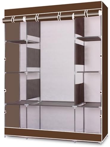 Portable Wardrobe Closet with Cover 4-Layer 10 Lattices Clothing Storage Non-Woven Fabric Wardrobe for Hanging Clothes Coffee