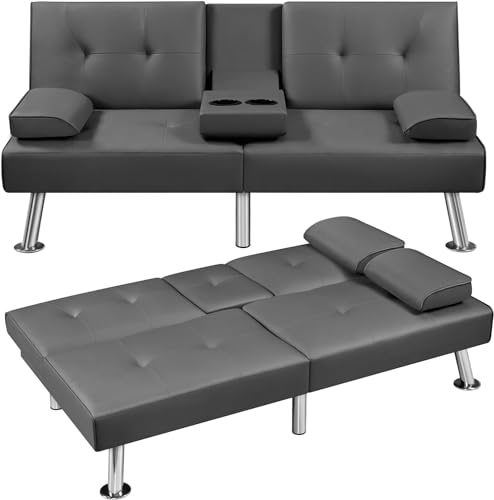 Convertible Folding Futon Sofa Bed with Metal Legs & 2 Cupholders, Modern Faux Leather Upholstered Couch Loveseat Sleeper, Couches Bed, Removable Armrests for Small Spaces (Gray)