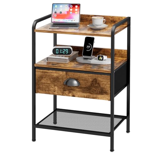 Night Stand with 2 Fabric Drawer and Sturdy Metal Frame, Lightweight & Durable -55LB Load Capacity, Wear-Resistant & Easy-Clean Surface,Rustic Brown Modern
