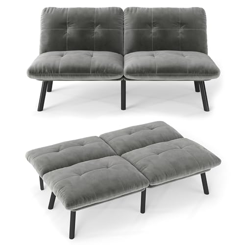 Futon Sofa Bed Velvet Futon Couch with Adjustable Backrest, Small Convertible Folding Sleeper Sofa Bed, Modern Loveseat for Living Room, Bedroom and Small Space (Black)