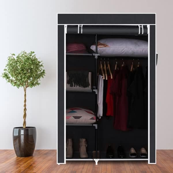 Portable Closet Storage Organizer Wardrobe Clothes Rack with A Hanging Rod, 6 Storage Shelves and Zippered Dustproof Non-Woven Fabric Cover, 41.3" W x 18" D x 64" H Black