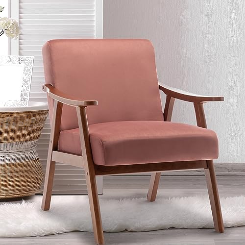 Mid Century Modern Chair, Upholstered Armchair with Solid Wood Frame in Walnut Finish, Reading Chairs with High Back for Living Room Bedroom Waiting Room (Velvet, Pink)