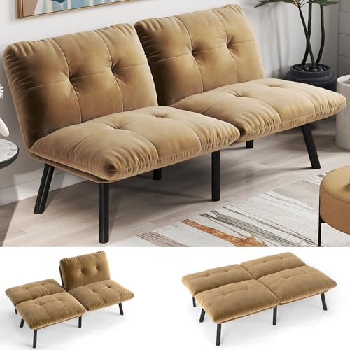 63” Futon Sofa Bed, Velvet Futon Couch with Adjustable Backrest, Small Couch for Bedroom Small Spaces Office, Foam Cushions, 800 LBS Capacity (Cream)