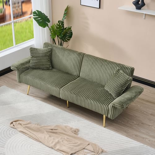 79" Corduroy Convertible Sofa Bed,Sleeper Sofa with Adjustable Armrests & Backrest, Multi-Functional Loveseat Couch with Throw Pillows & Metal Legs for Living Room, Apartment, Small Spaces (Yellow)
