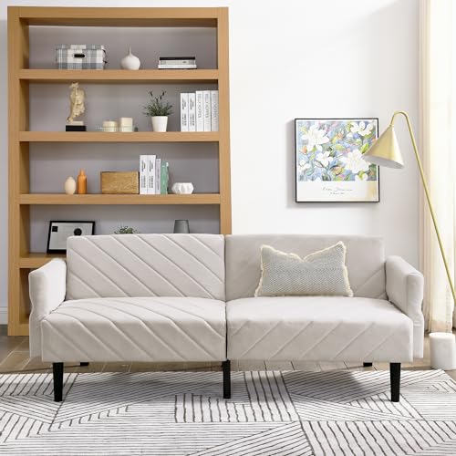 87” Futon Sofa Bed, Velvet Fabric Comfy Futon Couch Bed, Convertible Sleeper Sofa with Adjustable Backrest& Armrests, Modern Loveseat Sleeper for Living Room (Blue)