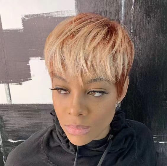 Pixie Cut Wig for Black/White Women Short Hair Wigs with Bangs Natural Mix Grey Short Wigs for Women Synthetic Fiber Wigs (1BH613#)