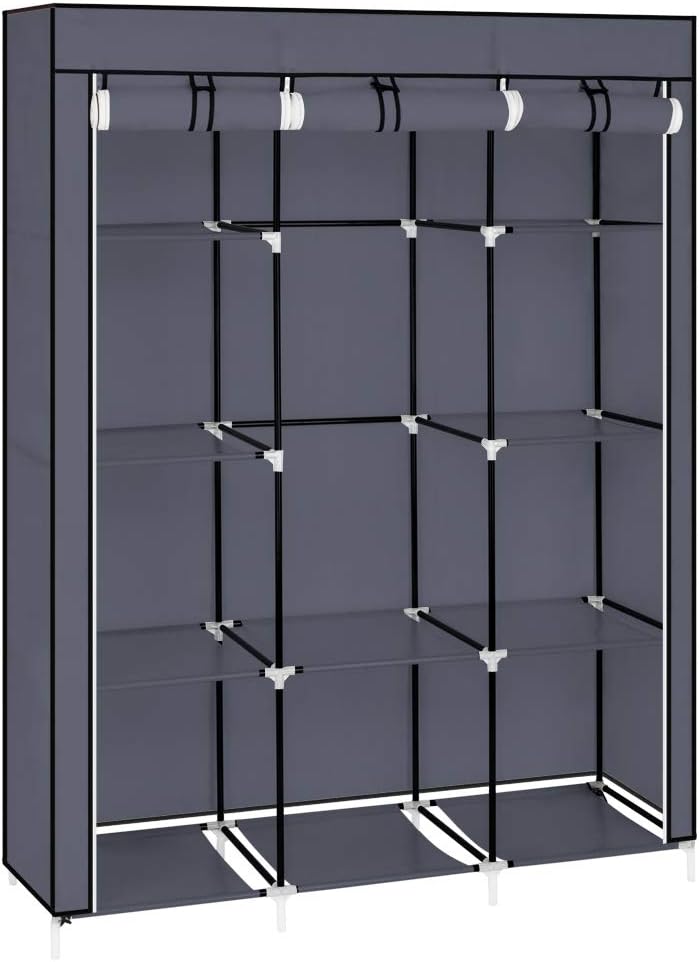 67" Portable Clothes Closet Wardrobe Organizer with Cover – 10 Shelves, Hanging Rod, Waterproof Fabric, Steel Frame – Gray