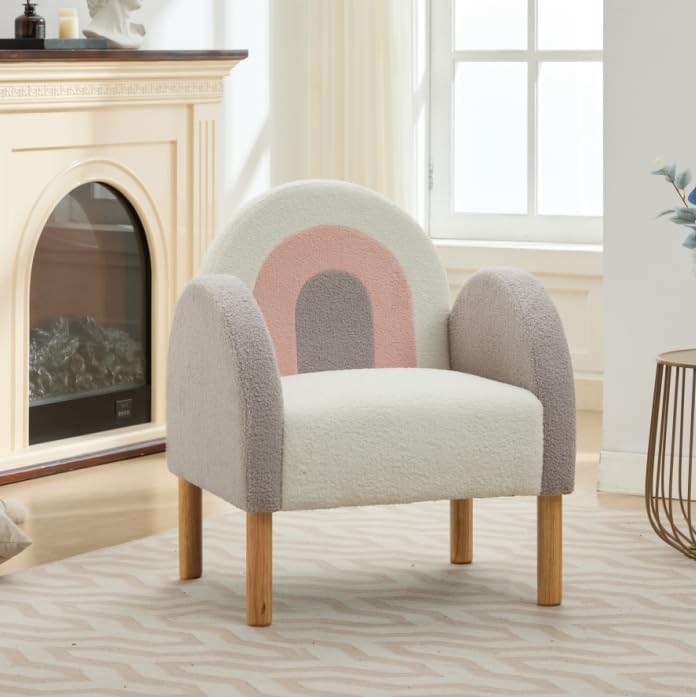 Accent Chair, Teddy Fabric Upholstered Comfortable Armchair, Comfy Single Sofa Chairs with Wood Legs for Bedroom, Living Room, Home Office, Waiting Room, Rainbow Design
