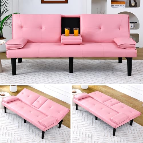 67" Futon Sofa Bed Convertible Folding Sleeper Bed Couches with 2 Cup Holders,Modern Loveseat with Removable Soft Armrest, Adjustable Backrest for Living Room Dorm Bedroom (Pink)