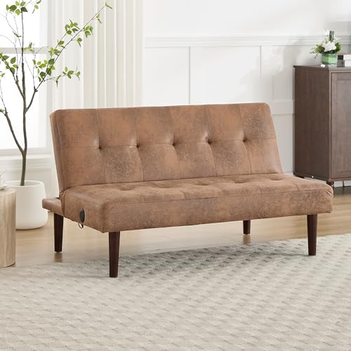 Convertible Futon Sofa Bed, Faux Leather Futon Couch with Adjustable Backrest and Usb Port, Modern Folding Couch For Small Spaces Living Room Sleeper Bed for Living Room,Bedroom,Office (Coffee)