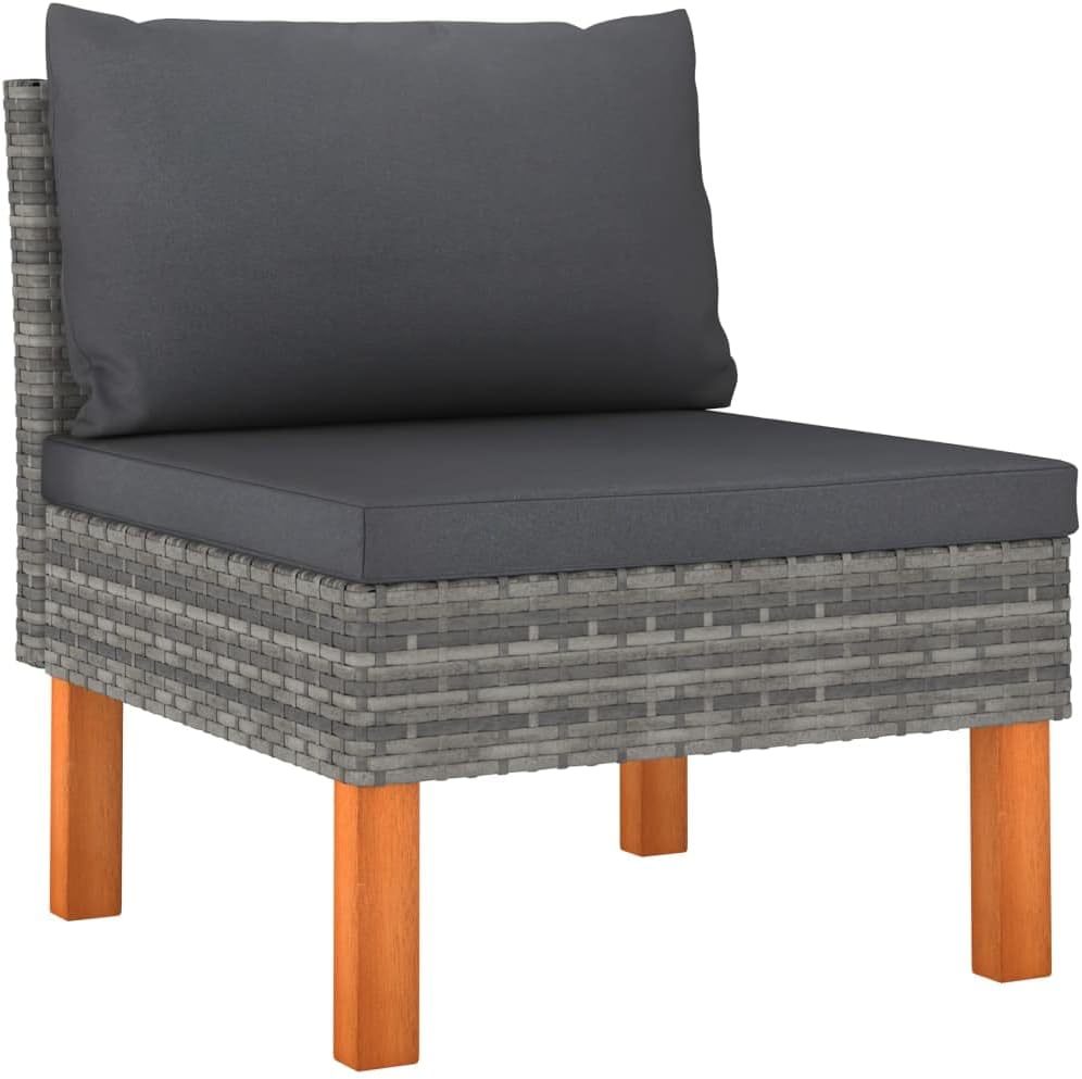 Middle Sofa Rattan and Solid Eucalyptus Wood, Modular Design, Lightweight and Comfortable, Gray with Anthracite Cushion