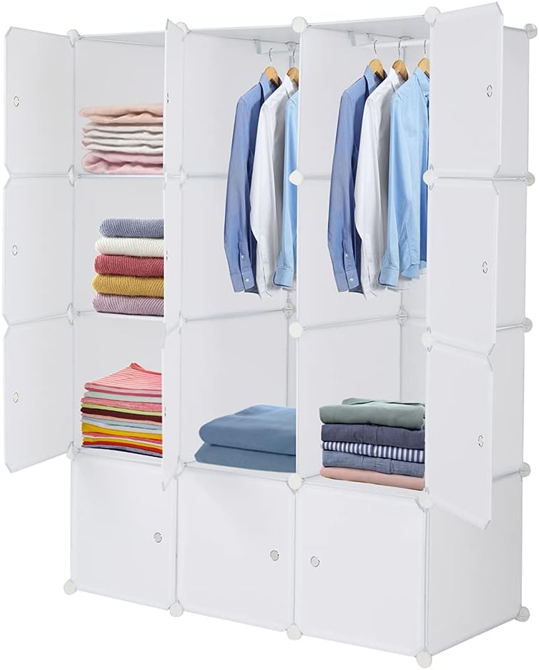12 Cube Storage Organizer,Plastic Clothes Storage Shelves,Portable Wardrobe Closet,Modular Bookcase Closet Cabinet,Bedroom Armoire,with Doors,for Bedroom, Playroom,Living Room,Office (White)