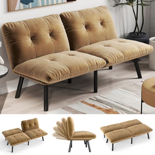 Convertible Futon Sofa Bed, Folding Sleeper Sofa Bed with Adjustable Backrest, Modern Velvet Loveseat Sleeper, Small Couch for Living Room/Office/Apartment/Small Space (Cream)