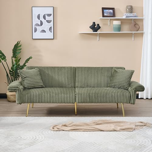79" Convertible Sofa Bed Couch, Foldable Corduroy Sofa Bed, Loveseat Sleeper with Armrests and Gold Legs, Modern Sofas for Living Room, Apartments and Small Spaces (Yellow)
