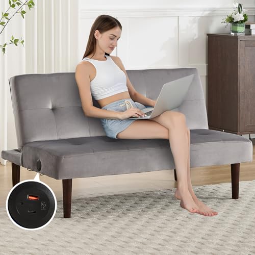 Flannelette Armless Loveseat Sofa, Mini Couch for Bedroom Small Space, 2 Seater Couch with USB Port and Tufted Backrest for Office (Coffee)