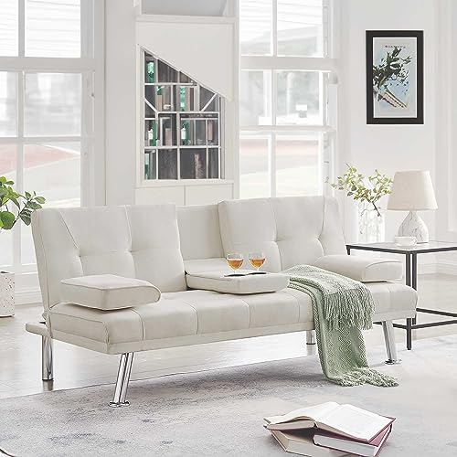 100% Fabric Linen Upholstered Futon Sofa Bed with 2 Cupholders/Legs/Removable Armrest, Modern Convertible Sleeper Couch, Upholstered Loveseat, Memory Foam Living Seat for Small Spaces, Beige