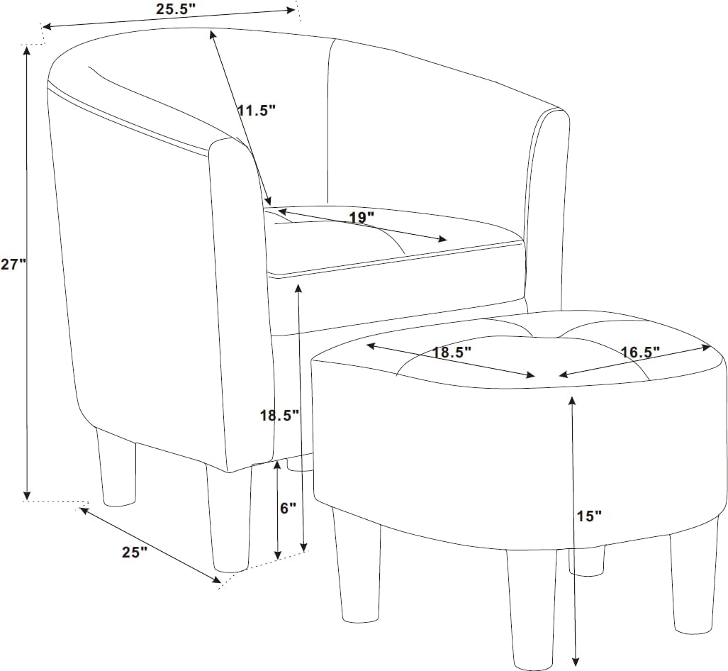 INMOZATA Bedroom Chair and Ottoman - Modern Accent Barrel Chair with Footrest - Comfy Polyester Reading Armchair and Footstool for Living Room/Waiting Room/Guestroom(Grey)