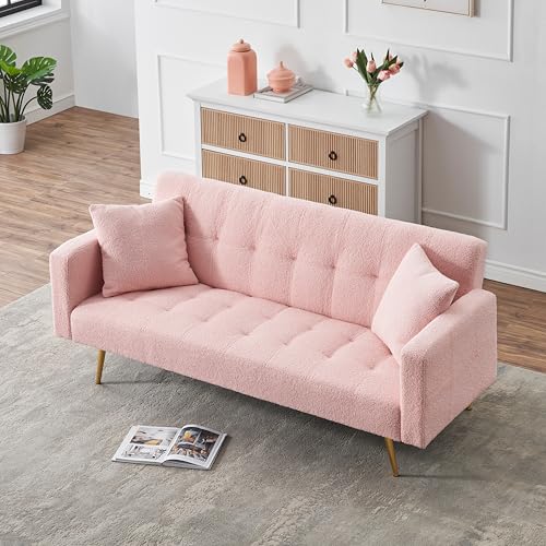 78" Velvet Futon Sofa Bed, Convertible Sleeper Loveseat Couch with Folded Armrests and Storage Bags 280g Velvet with Adjustable Backrest, Space-Saving Sleeper Sofa for Living Room (Beige)