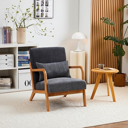 Corduroy Accent Chair, Upholstered Armchairs Reading Chairs with Lumbar Pillow, Mid-Century Modern Accent Chair for Living Room,Bedroom,Guest Room (Beige+Brown)