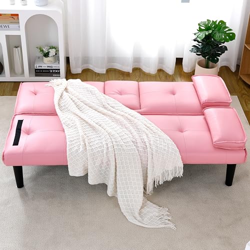 67" Futon Sofa Bed, Convertible 3 in 1 Futon Couch, Sleeper Bed Couches with Adjustable Backrest, Cup Holders, Comfy Leather Recliner Sofa Loveseat for Small Space, Living Room, Office (Black)