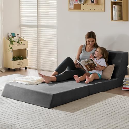 Folding Sofa Bed, Sleeper Chair and Futon Couch, Convertible Bed, Floor Sofa for Living Room/Guest Room/Dorm/Home Office, Single Size, Light Gray