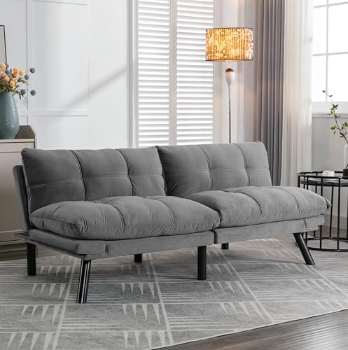 Anwick Modern Velvet Convertible Folding Futon Couch Sofa Bed, 71″Fabric Futon Couch with Adjustable Backrest, Folding Futon Sleeper Recliner for Living Room Furniture (Black)