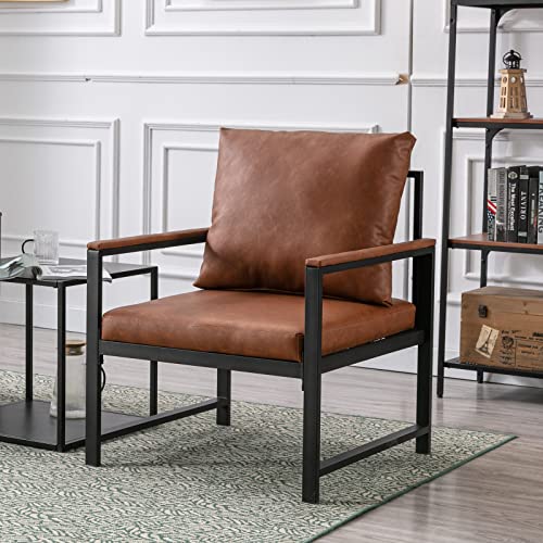 Meihua Mid Century Leather Accent Chair for Living Room, Modern Armchair with Waist Cushion, Upholstered Living Room Chairs with Metal Frame. (Gray)