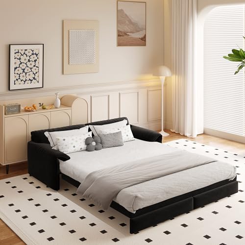 Queen Pull Out Sofa Bed, 3-in-1 Convertible Sleeper with Side Storage, Multi-Functional Velvet Loveseat Bed